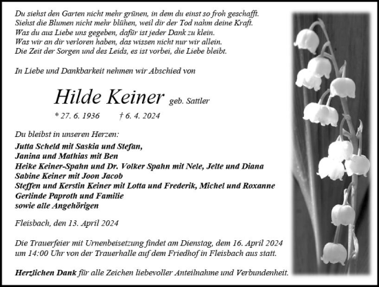 Traueranzeige von Hilde Keiner von Dill Block