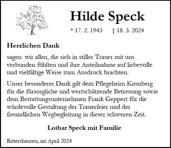 Traueranzeige von Hilde Speck von Dill Block