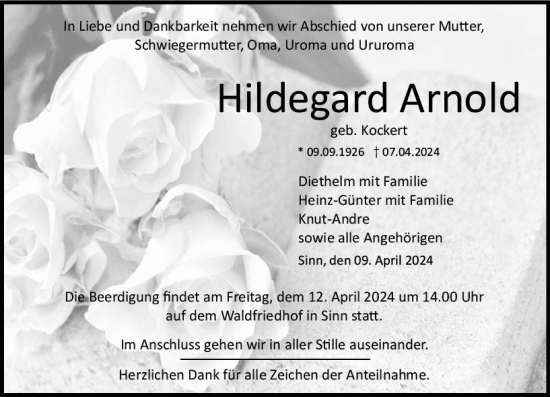 Traueranzeige von Hildegard Arnold von Dill Block