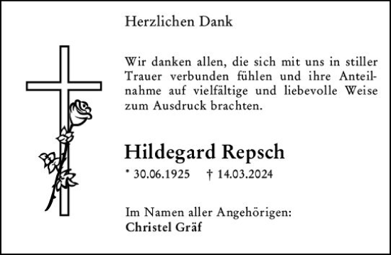 Traueranzeige von Hildegard Repsch von Groß-Gerauer Echo