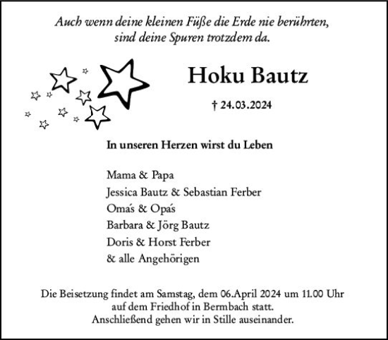 Traueranzeige von Hoku Bautz von Weilburger Tageblatt