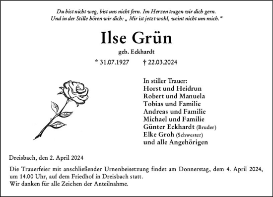 Traueranzeige von Ilse Grün von Wetzlarer Neue Zeitung