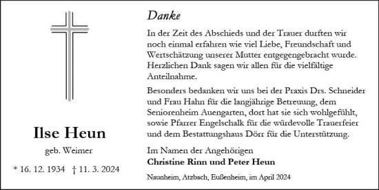Traueranzeige von Ilse Heun von Wetzlarer Neue Zeitung