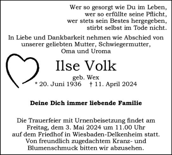 Traueranzeige von Ilse Volk von Wiesbadener Kurier