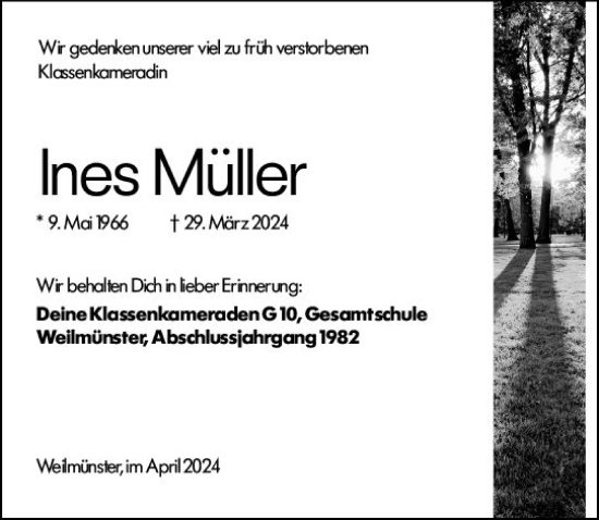 Traueranzeige von Ines Müller von Weilburger Tageblatt