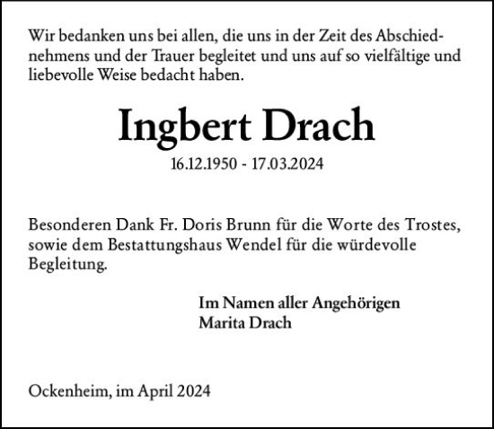 Traueranzeige von Ingbert Drach von Allgemeine Zeitung Bingen/Ingelheim