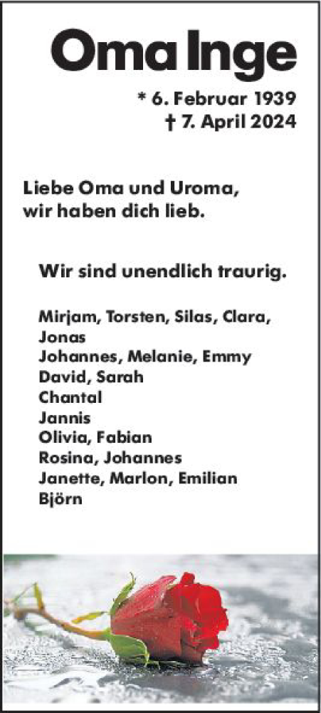 Traueranzeige von Inge  von Hinterländer Anzeiger