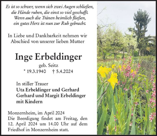 Traueranzeige von Inge Erbeldinger von Wormser Zeitung