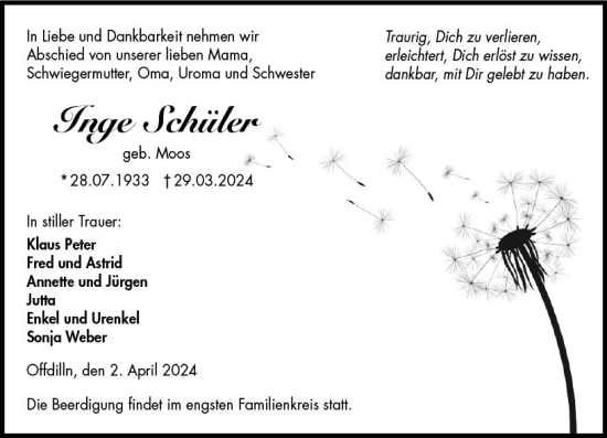 Traueranzeige von Inge Schüler von Dill Block