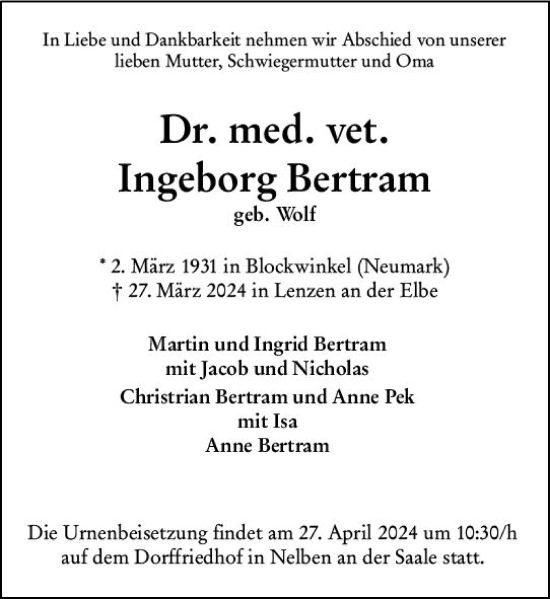 Traueranzeige von Ingeborg Bertram von Darmstädter Echo