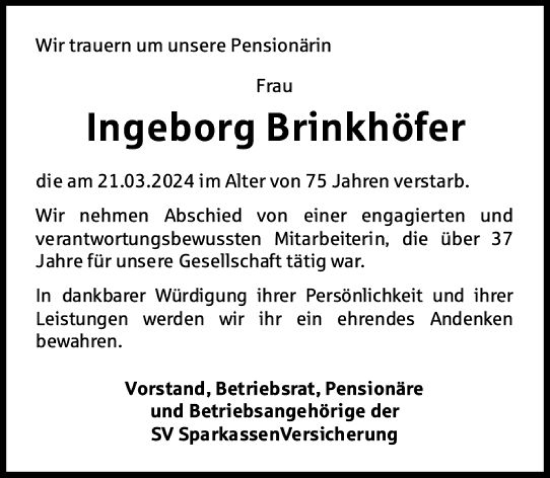 Traueranzeige von Ingeborg Brinkhöfer von Wiesbadener Kurier