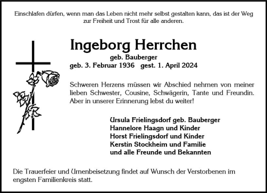 Traueranzeige von Ingeborg Herrchen von Wiesbadener Kurier