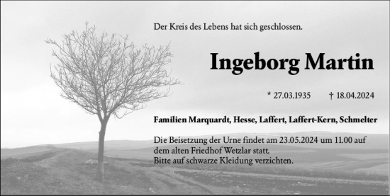 Traueranzeige von Ingeborg Martin von Wetzlarer Neue Zeitung