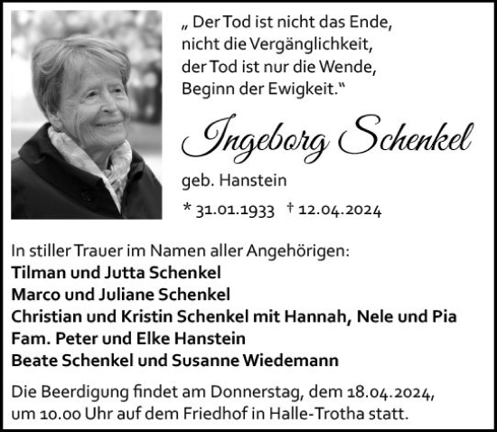Traueranzeige von Ingeborg Schenkel von Darmstädter Echo
