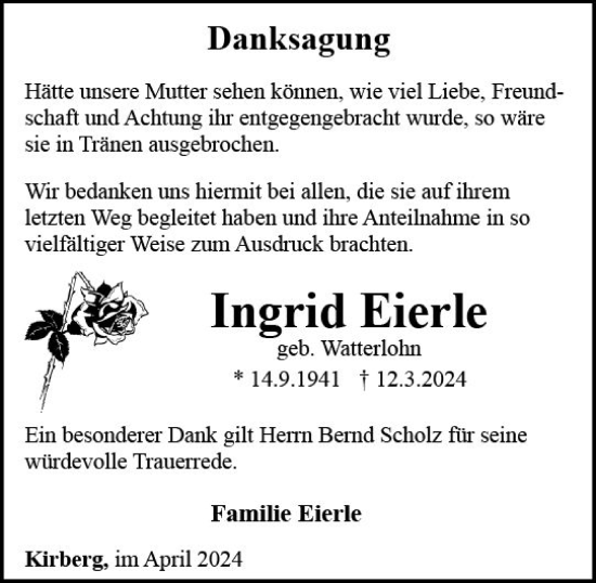 Traueranzeige von Ingrid Eierle von Wiesbadener Kurier