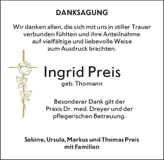 Traueranzeige von Ingrid Preis von Hochheimer Zeitung