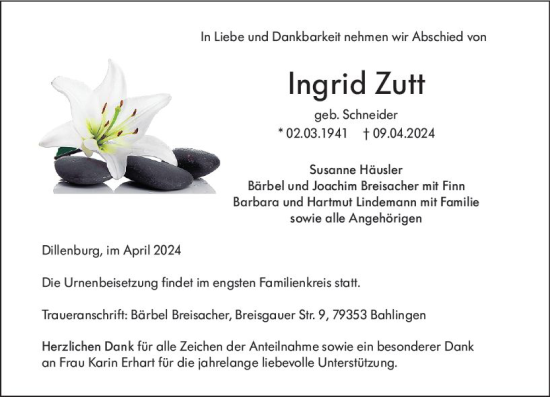 Traueranzeige von Ingrid Zutt von Dill Block