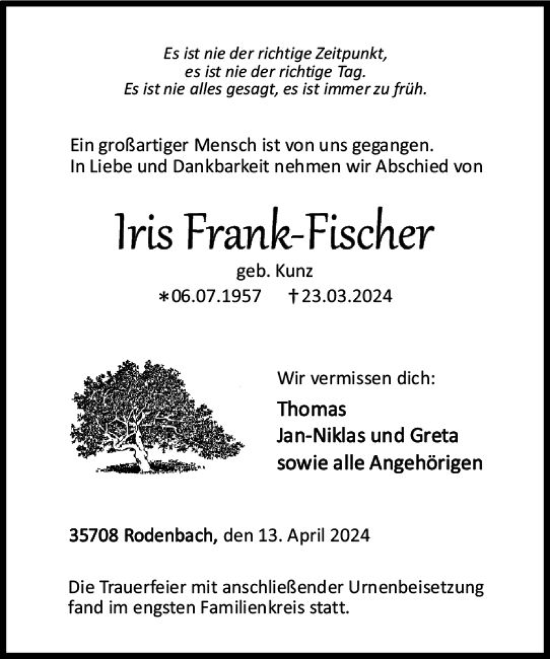 Traueranzeige von Iris Frank-Fischer von Dill Block