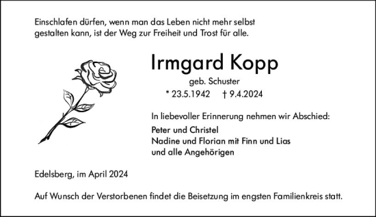Traueranzeige von Irmgard Kopp von Weilburger Tageblatt