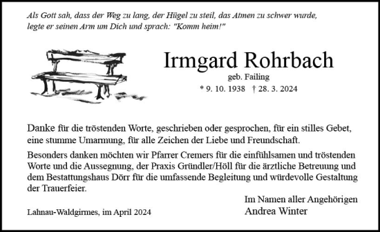 Traueranzeige von Irmgard Rohrbach von Wetzlarer Neue Zeitung