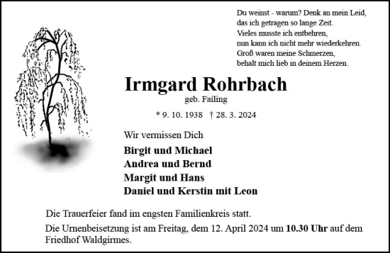 Traueranzeige von Irmgard Rohrbach von Wetzlarer Neue Zeitung