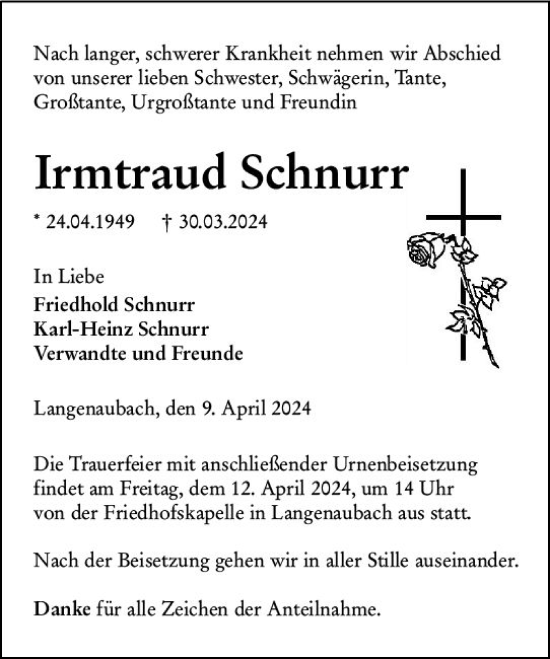 Traueranzeige von Irmtraud Schnurr von Dill Block