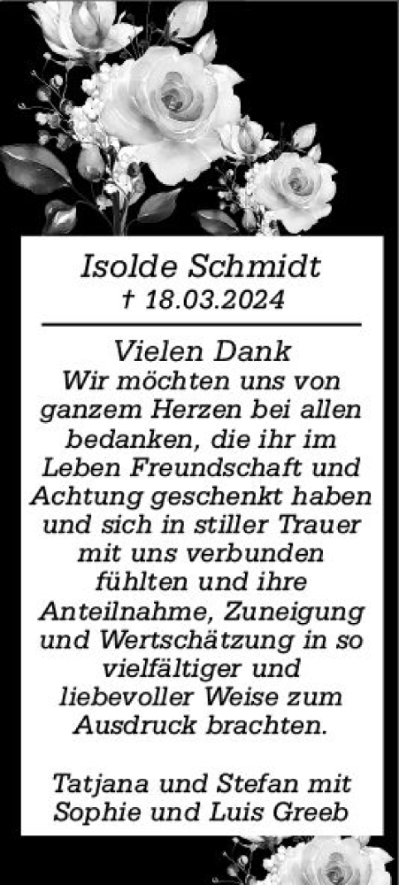 Traueranzeige von Isolde Schmidt von Dill Block