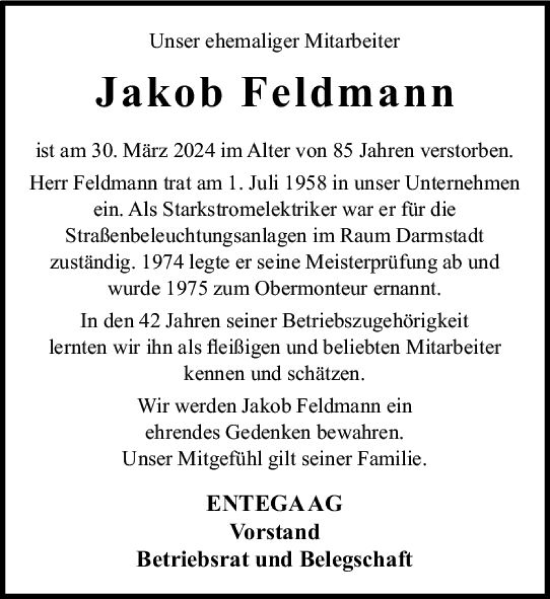 Traueranzeige von Jakob Feldmann von Odenwälder Echo