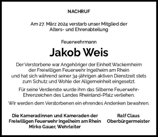 Traueranzeige von Jakob Weis von Allgemeine Zeitung Bingen/Ingelheim