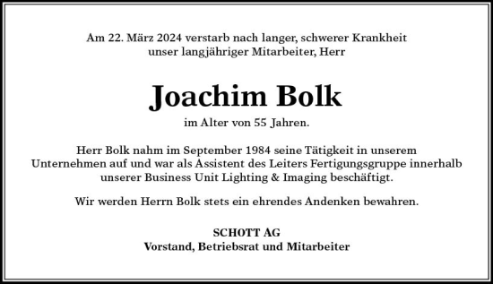Traueranzeige von Joachim Bolk von Allgemeine Zeitung Mainz