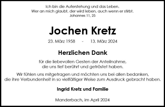 Traueranzeige von Jochen Kretz von Dill Block