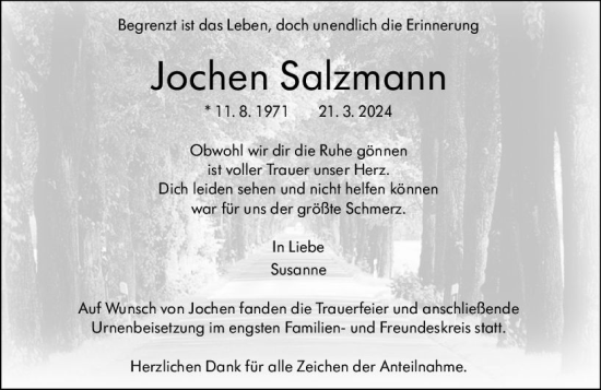 Traueranzeige von Jochen Salzmann von Weilburger Tageblatt