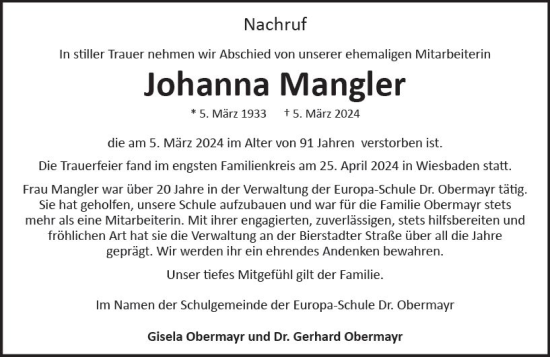 Traueranzeige von Johanna Mangler von Wiesbadener Kurier