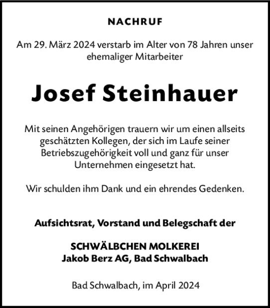 Traueranzeige von Josef Steinhauer von Idsteiner Land/Untertaunus
