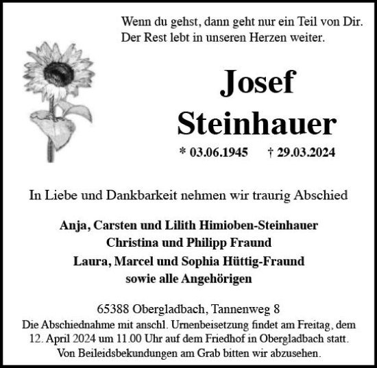 Traueranzeige von Josef Steinhauer von Wiesbadener Kurier