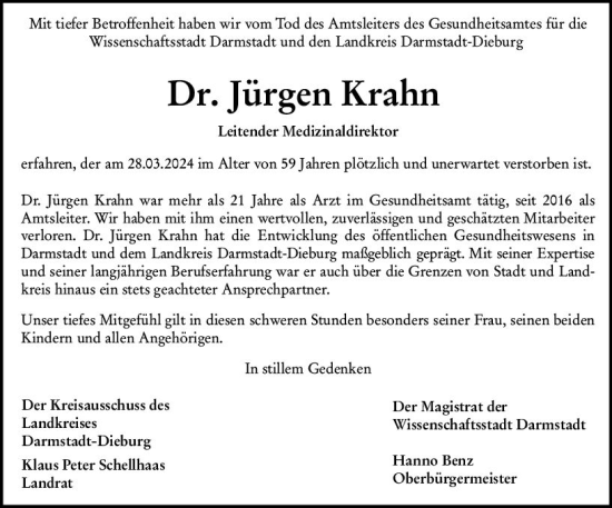 Traueranzeige von Jürgen Krahn von Darmstädter Echo