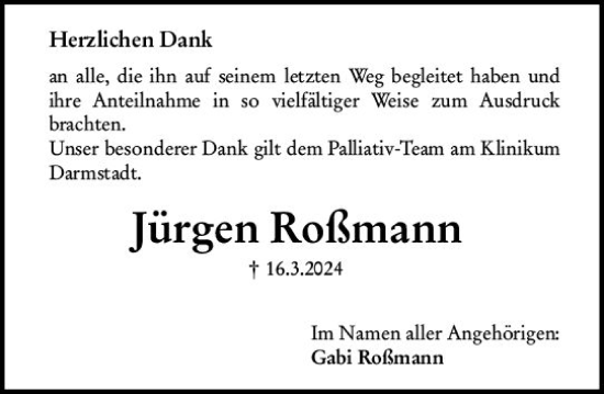 Traueranzeige von Jürgen Roßmann von Darmstädter Echo