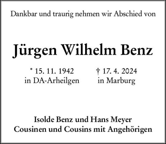 Traueranzeige von Jürgen Wilhelm Benz von Darmstädter Echo