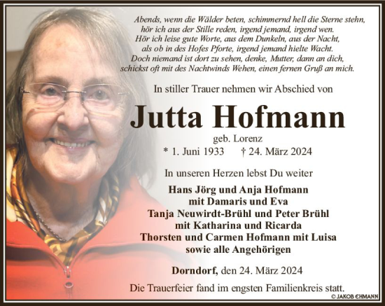Traueranzeige von Jutta Hofmann von Nassauische Neue Presse