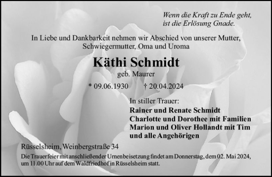 Traueranzeige von Käthi Schmidt von Rüsselsheimer Echo