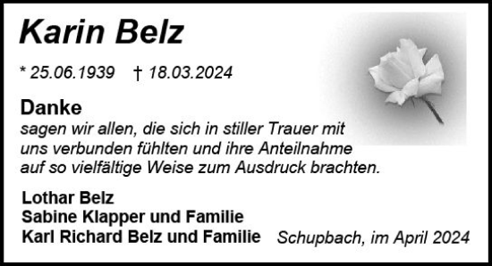 Traueranzeige von Karin Belz von Weilburger Tageblatt