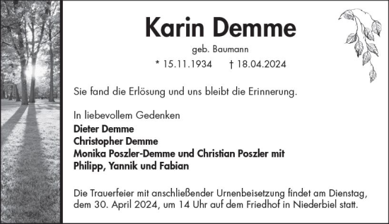 Traueranzeige von Karin Demme von Wetzlarer Neue Zeitung