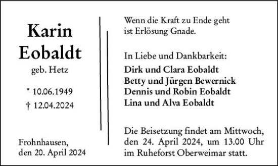 Traueranzeige von Karin Eobaldt von Hinterländer Anzeiger