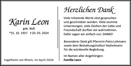 Traueranzeige von Karin Leon von Allgemeine Zeitung Bingen/Ingelheim