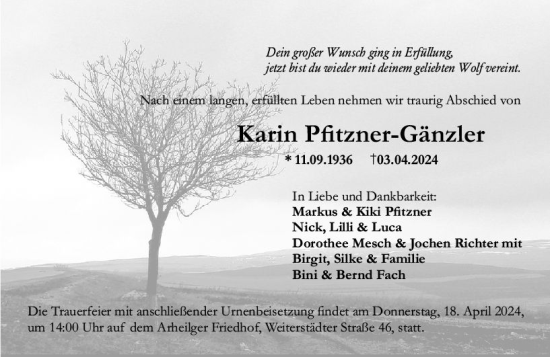 Traueranzeige von Karin Pfitzner-Gänzler von Darmstädter Echo