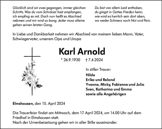 Traueranzeige von Karl Arnold von Hinterländer Anzeiger