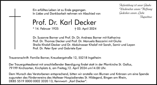 Traueranzeige von Karl Decker von Allgemeine Zeitung Bingen/Ingelheim