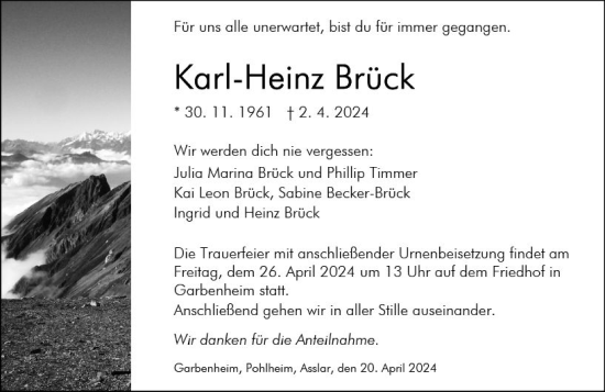 Traueranzeige von Karl-Heinz Brück von Wetzlarer Neue Zeitung