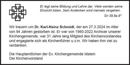 Traueranzeige von Karl-Heinz Schmidt von Idsteiner Land/Untertaunus