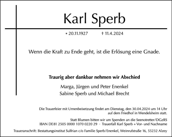 Traueranzeige von Karl Sperb von Allgemeine Zeitung Alzey